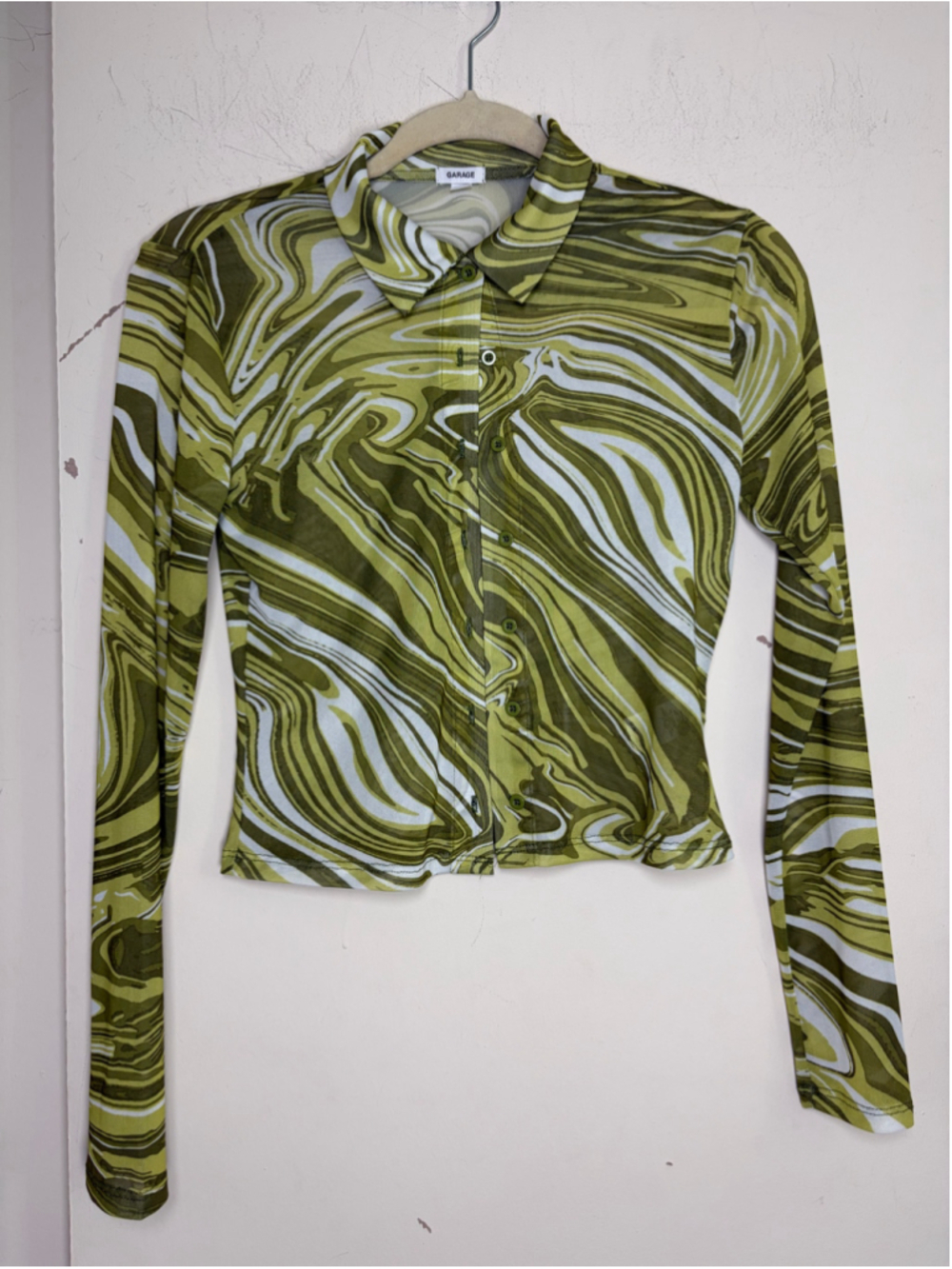 Garage Green Mesh Swirl Crop Button Up Long Sleeve Top Sheer Retro Y2K Funky XS